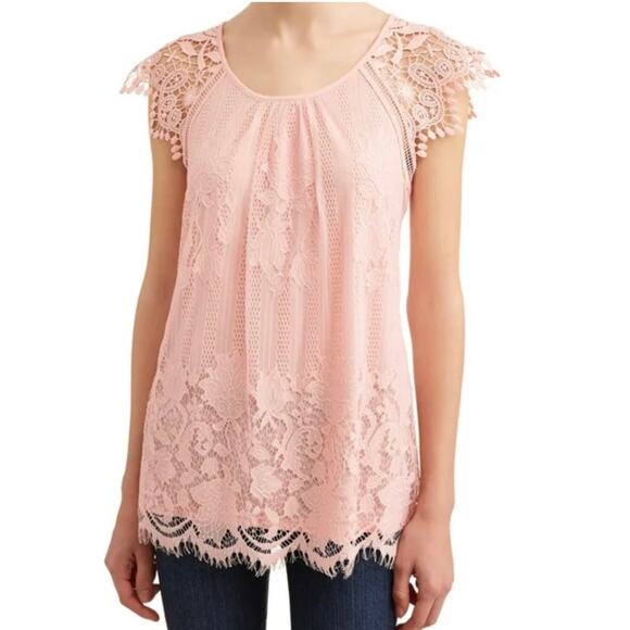 No Boundaries Tops - No Boundaries Pink Floral Lace Short Cap Sleeve Blouse Top